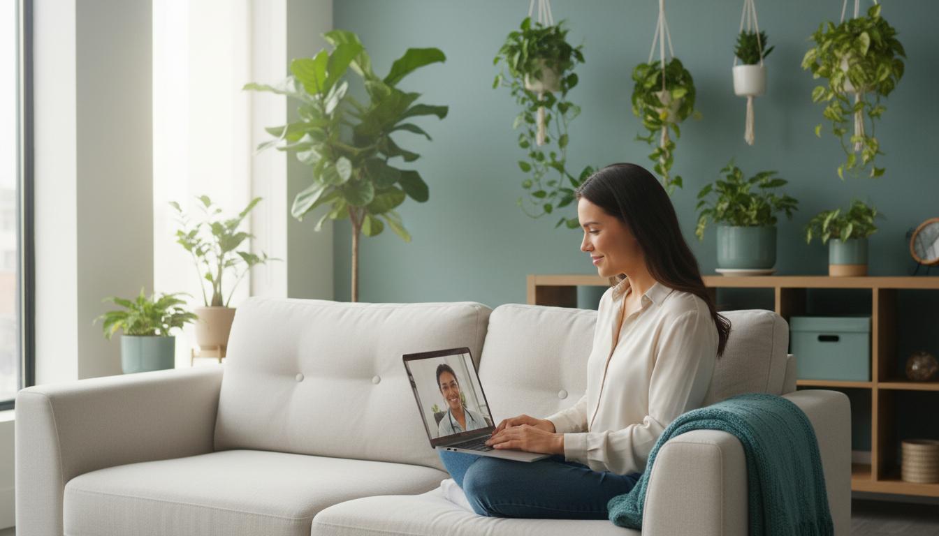 A patient speaking with a clinician by video from home